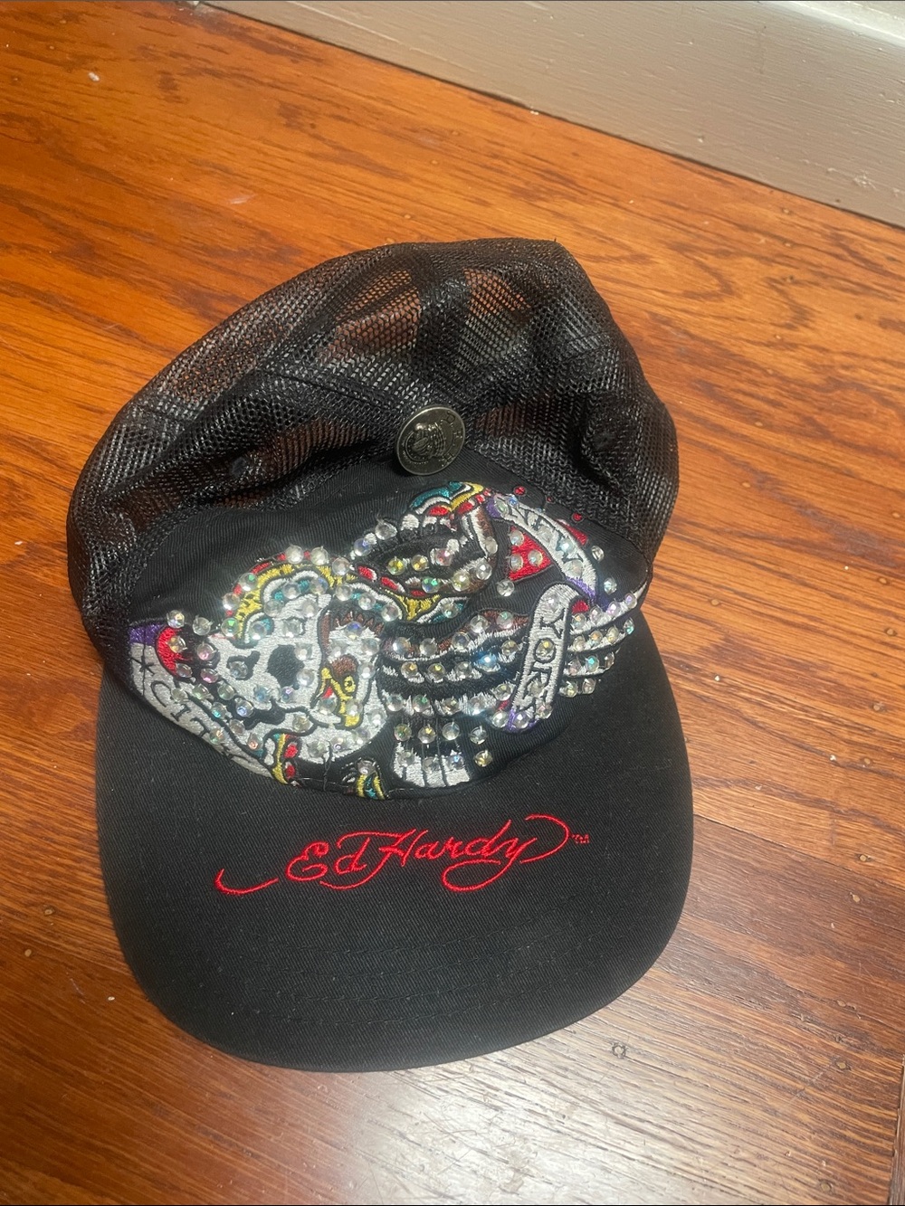 Ed Hardy Black Mesh Trucker Hat with Multicolor Studded Skull